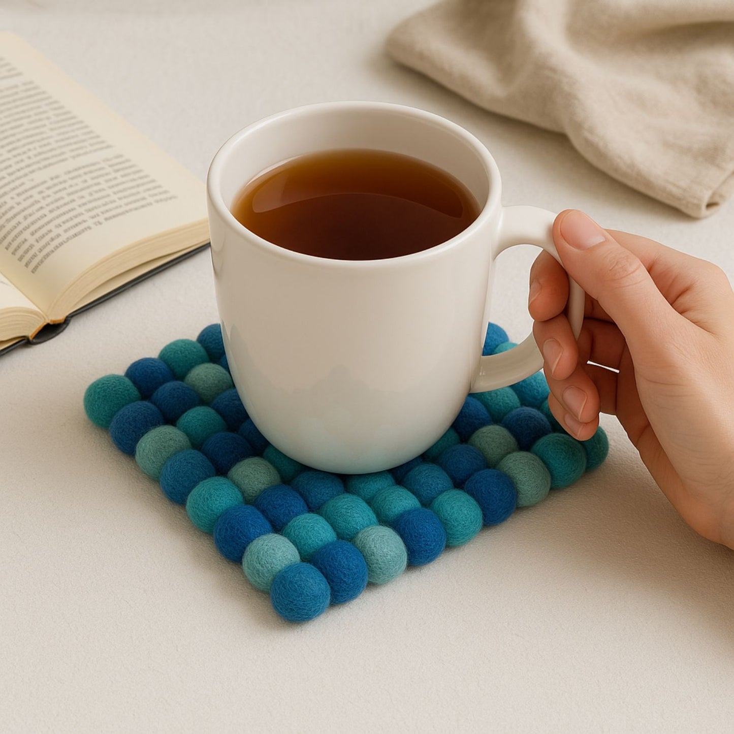 Handcrafted Felt Ball Trivet & Coaster- Soft turquoise