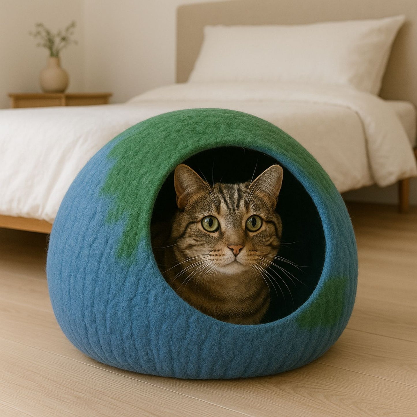 Luxury Felt Cat Cave – Handcrafted Wool Retreat – Charcoal Cream