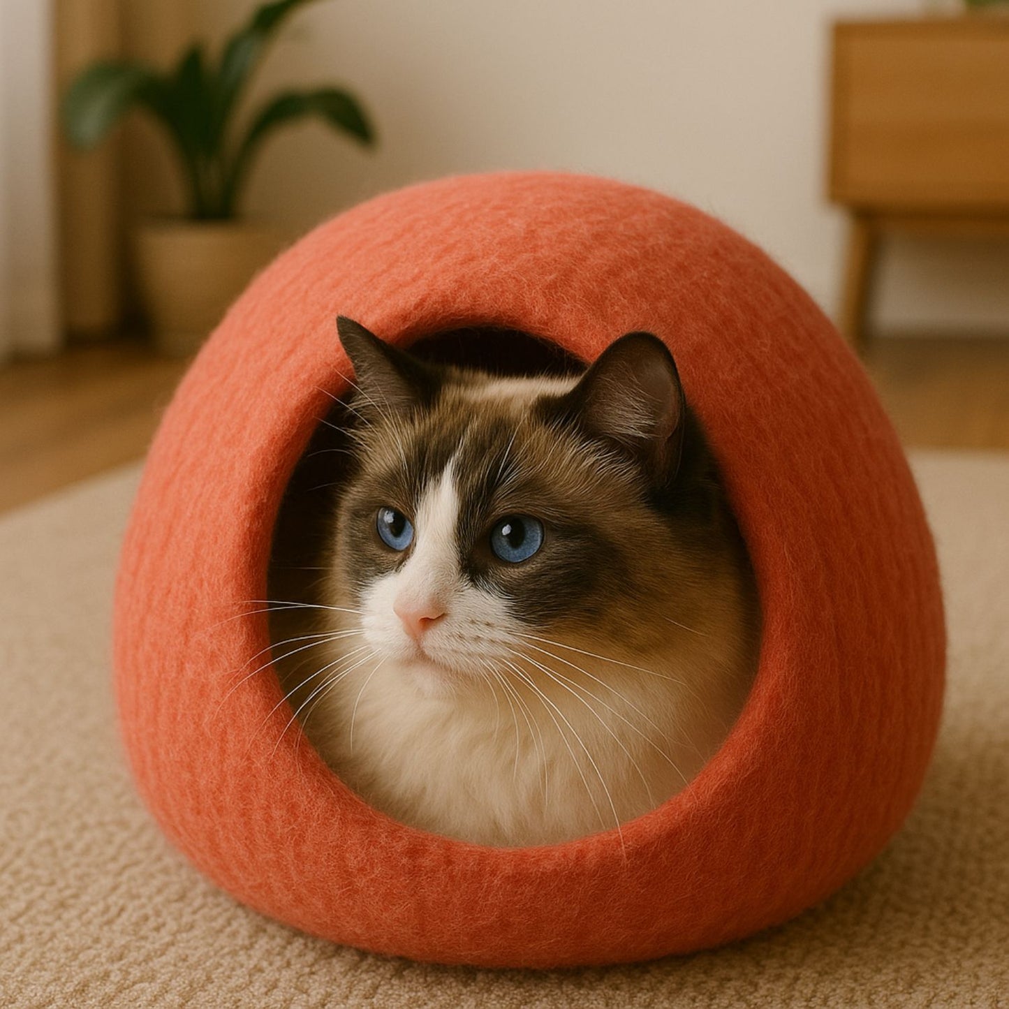 Luxury Felt Cat Cave – Handcrafted Wool Retreat – Terracotta Orange