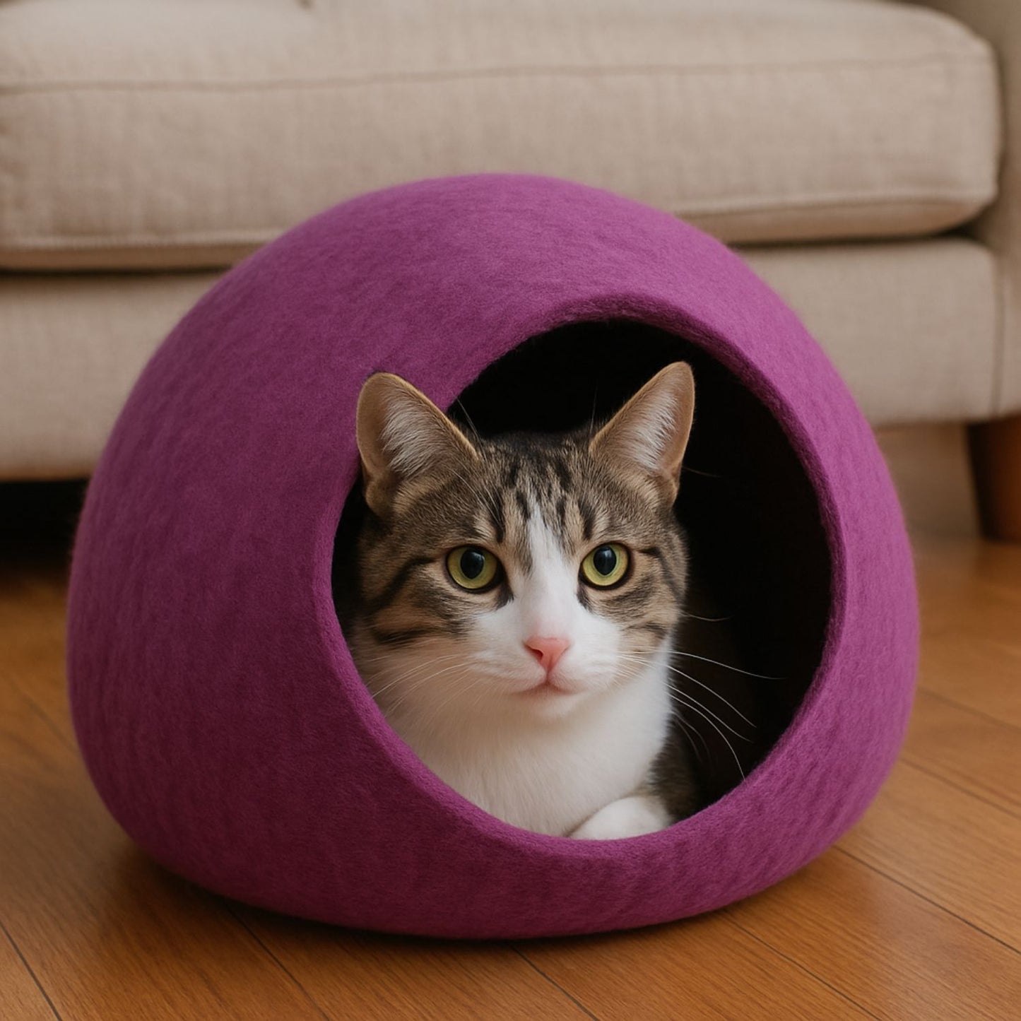 Luxury Felt Cat Cave – Handcrafted Wool Retreat – Magenta Plum