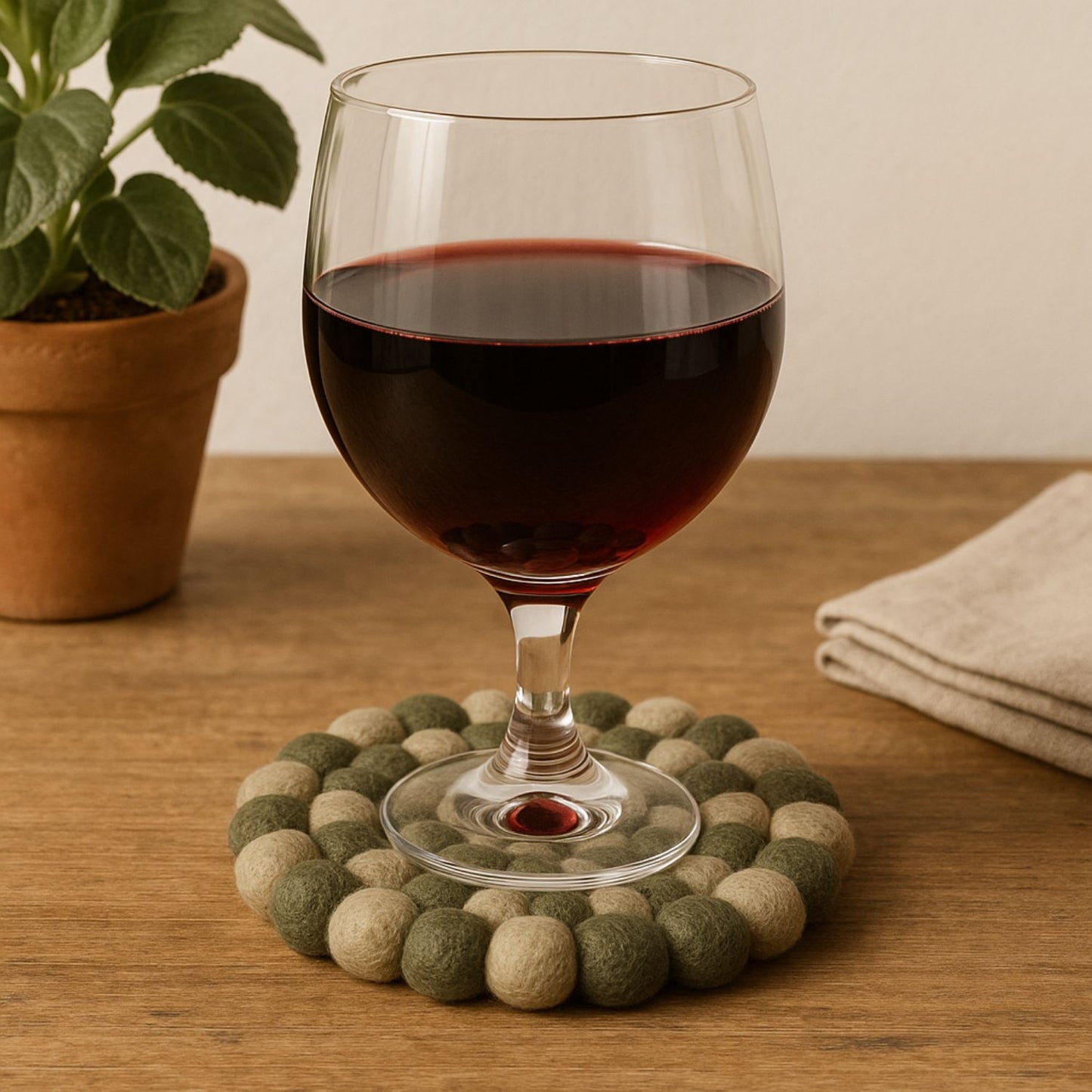 Handcrafted Felt Ball Trivet & Coaster- Olive Green