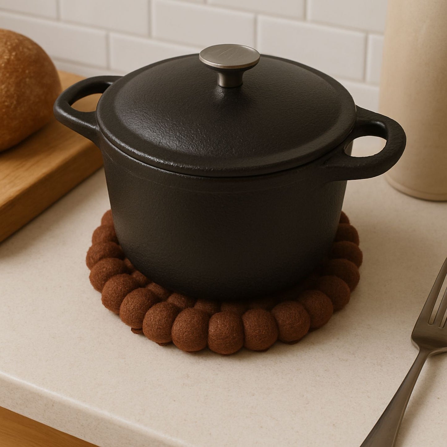 Handcrafted Felt Ball Trivet & Coaster- Brown