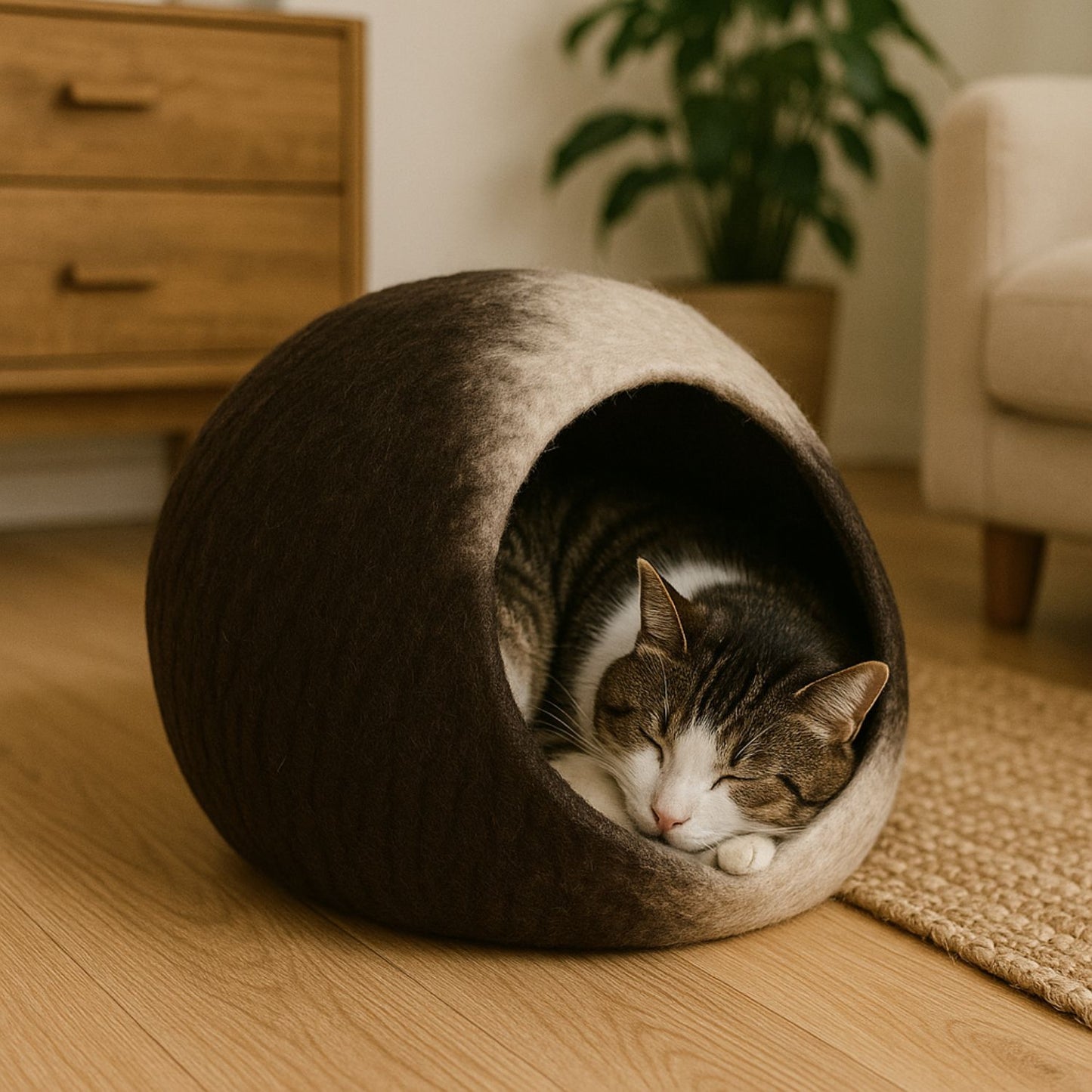 Luxury Felt Cat Cave – Handcrafted Wool Retreat – Mocha Stone