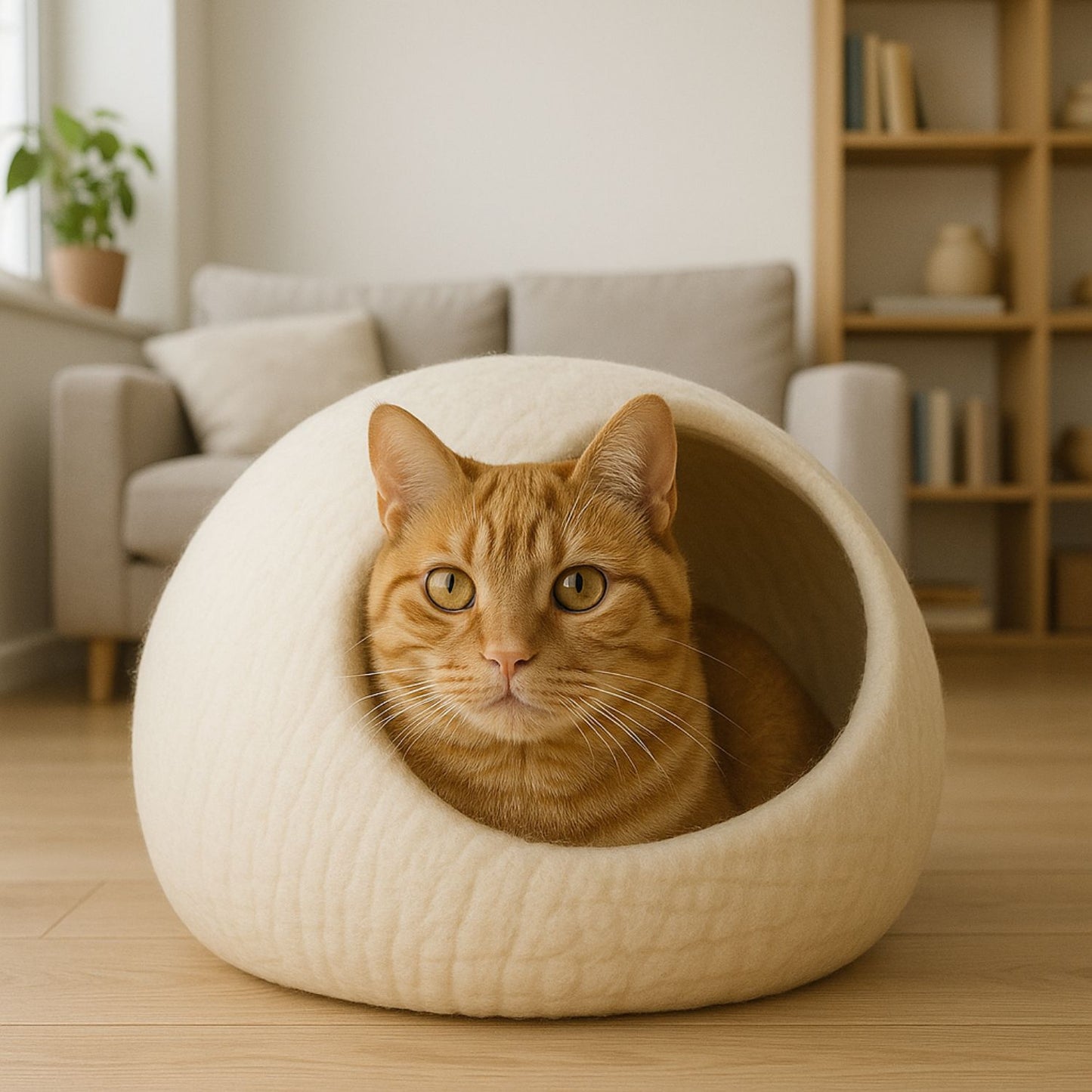 Luxury Felt Cat Cave – Handcrafted Wool Retreat – Classic Cream