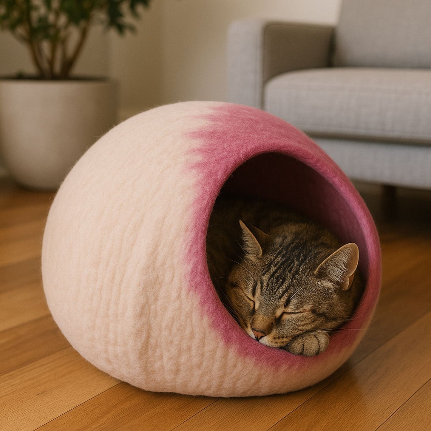 Luxury Felt Cat Cave – Handcrafted Wool Retreat – Rose Beige