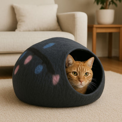 Luxury Felt Cat Cave – Handcrafted Wool Retreat – Burnt Sienna