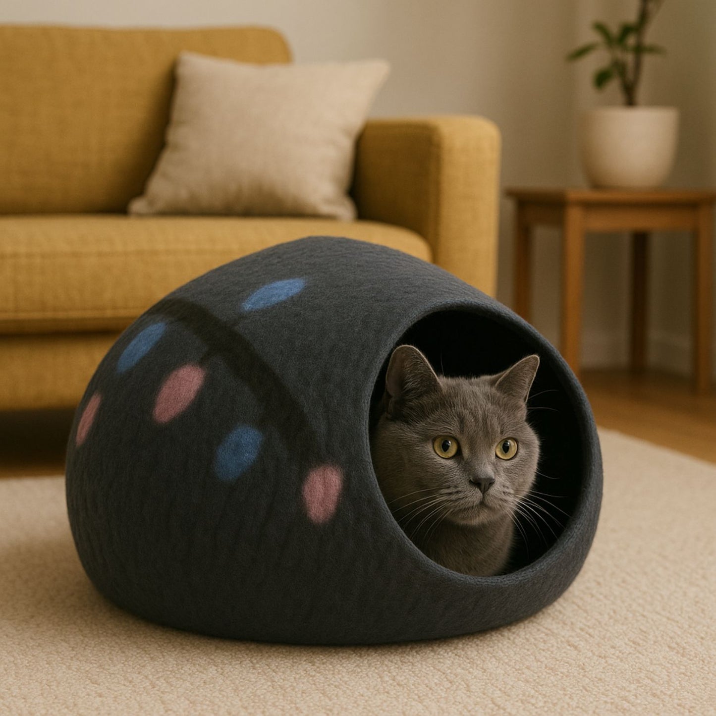 Luxury Felt Cat Cave – Handcrafted Wool Retreat – Burnt Sienna