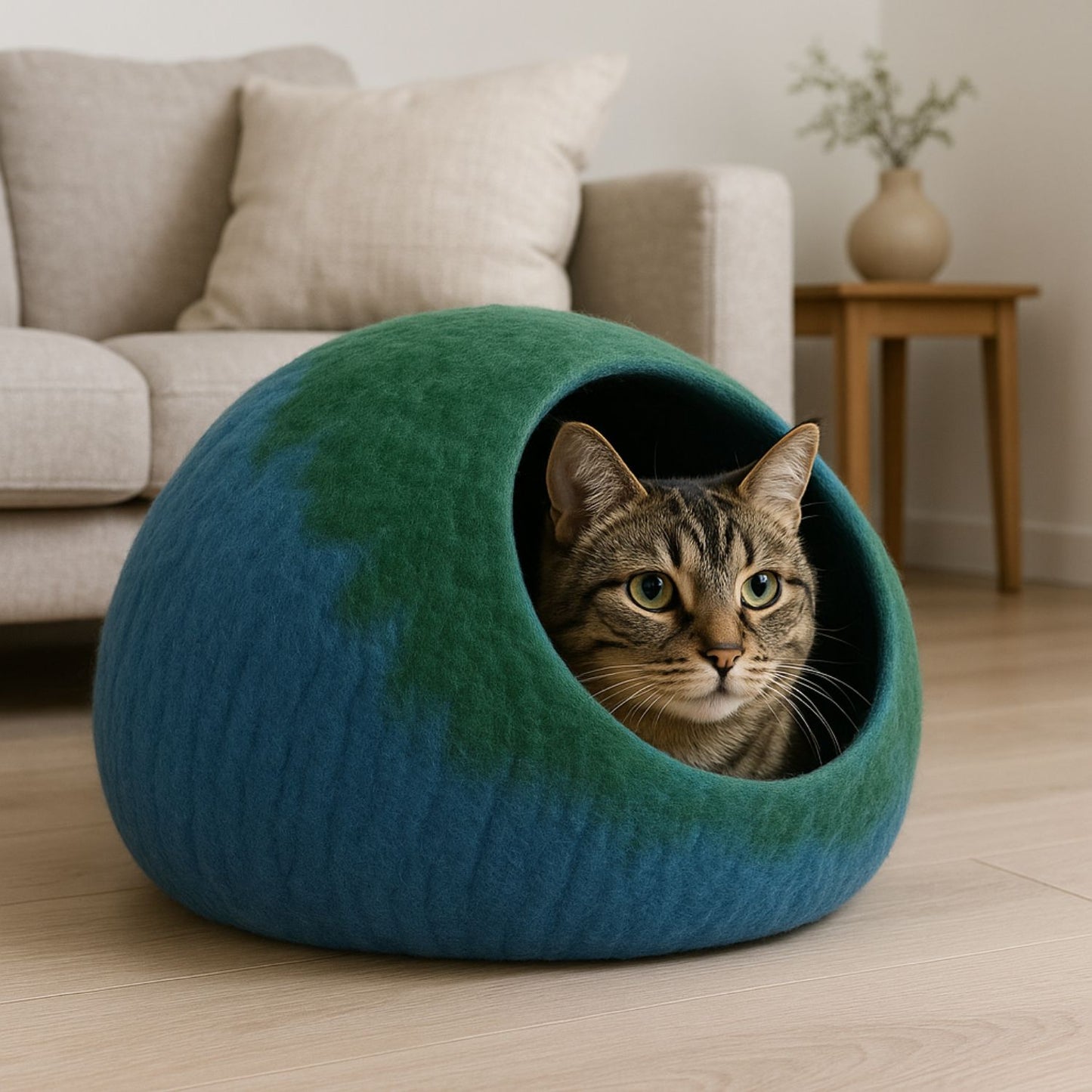 Luxury Felt Cat Cave – Handcrafted Wool Retreat – Charcoal Cream