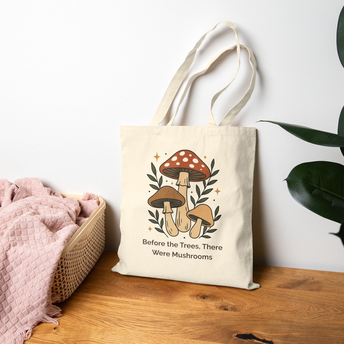 Mushroom-Themed Cotton Canvas Tote Bag