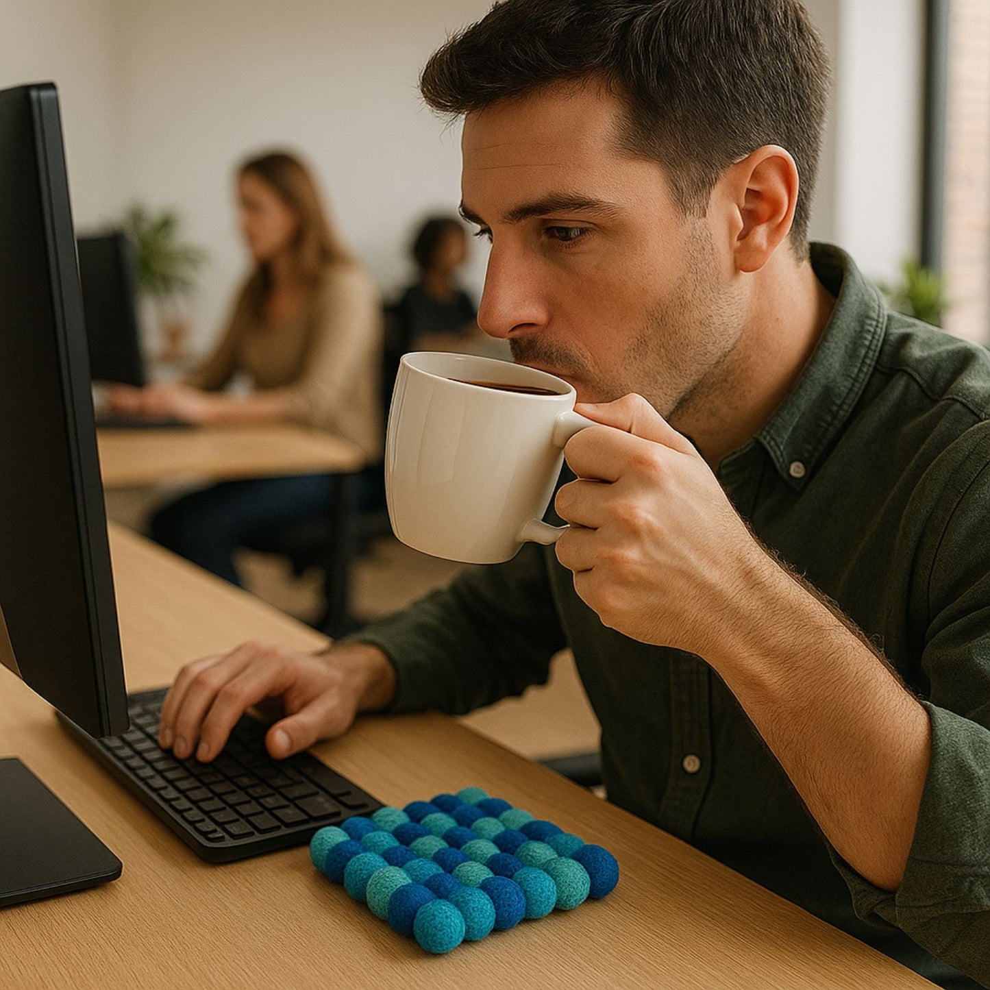 Handcrafted Felt Ball Trivet & Coaster- Soft turquoise