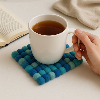 Handcrafted Felt Ball Trivet & Coaster- Soft turquoise