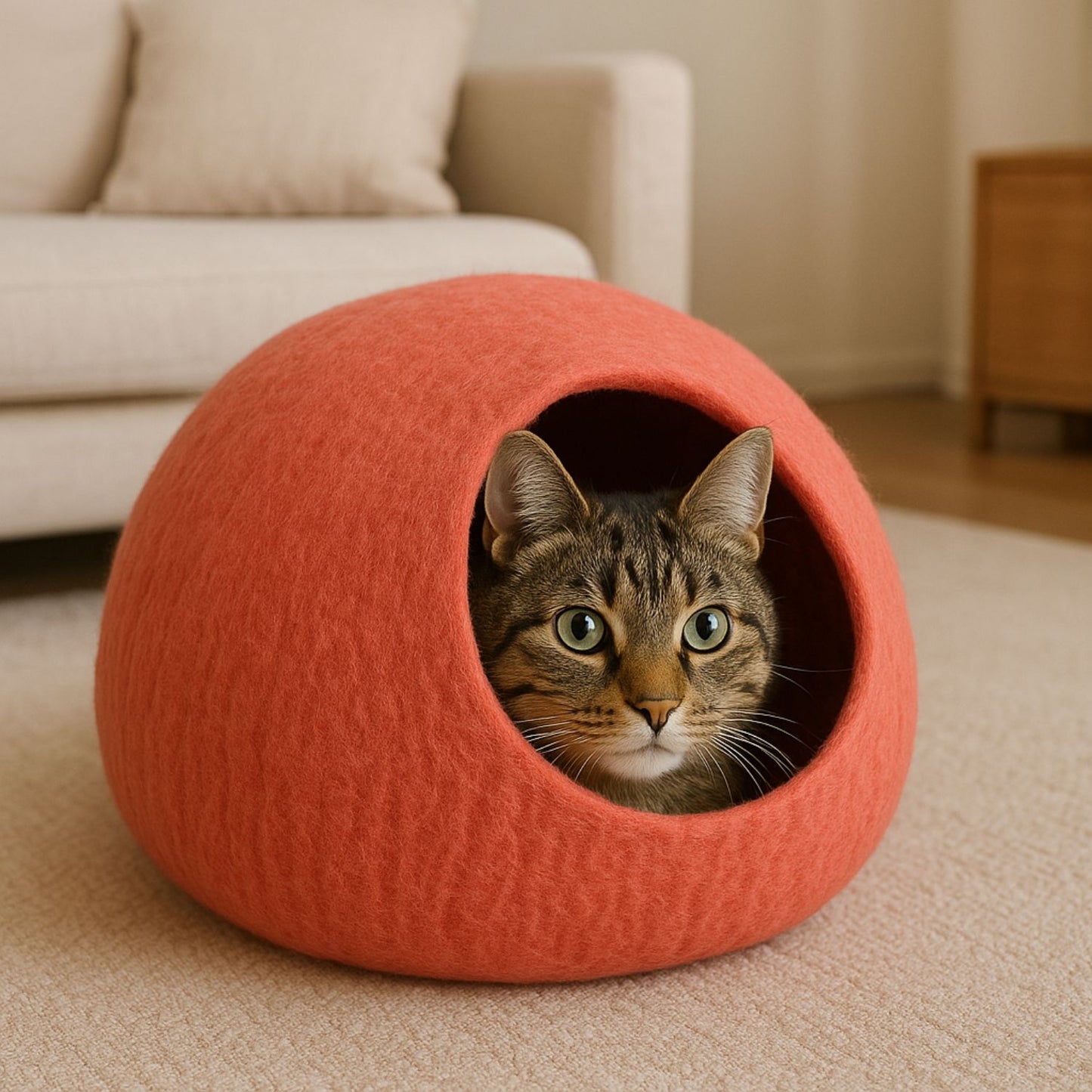 Luxury Felt Cat Cave – Handcrafted Wool Retreat – Terracotta Orange
