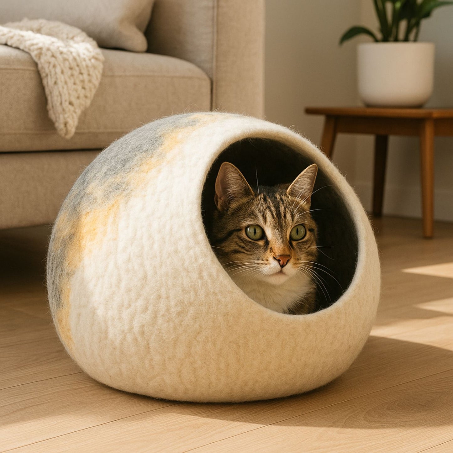 Luxury Felt Cat Cave – Handcrafted Wool Retreat – Ash Stripe
