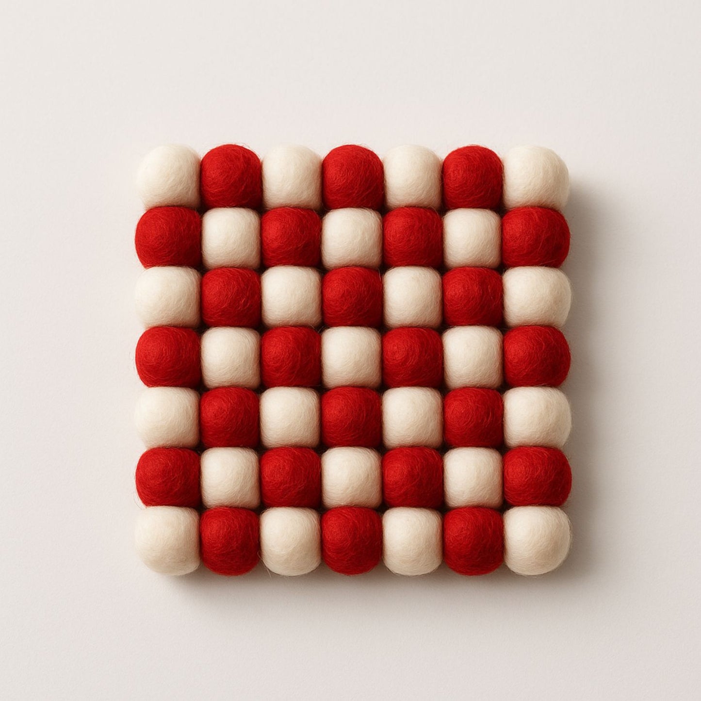 Handcrafted Felt Ball Trivet & Coaster– Red & White Checkerboard