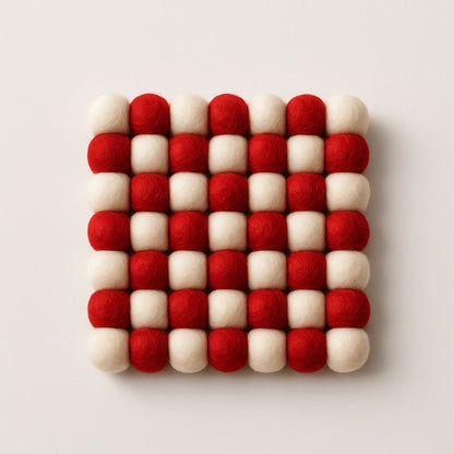 Handcrafted Felt Ball Trivet & Coaster– Red & White Checkerboard