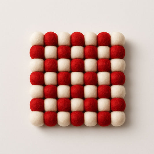 Handcrafted Felt Ball Trivet & Coaster– Red & White Checkerboard