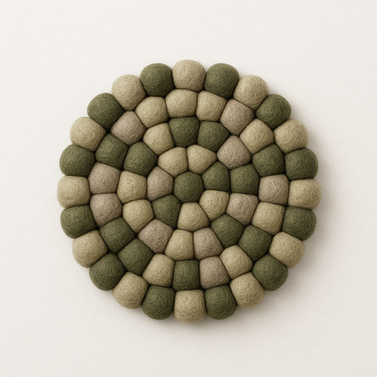 Handcrafted Felt Ball Trivet & Coaster- Olive Green