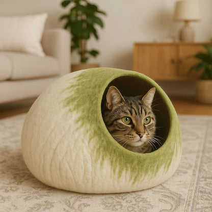 Luxury Felt Cat Cave – Handcrafted Wool Retreat – Sage Cream
