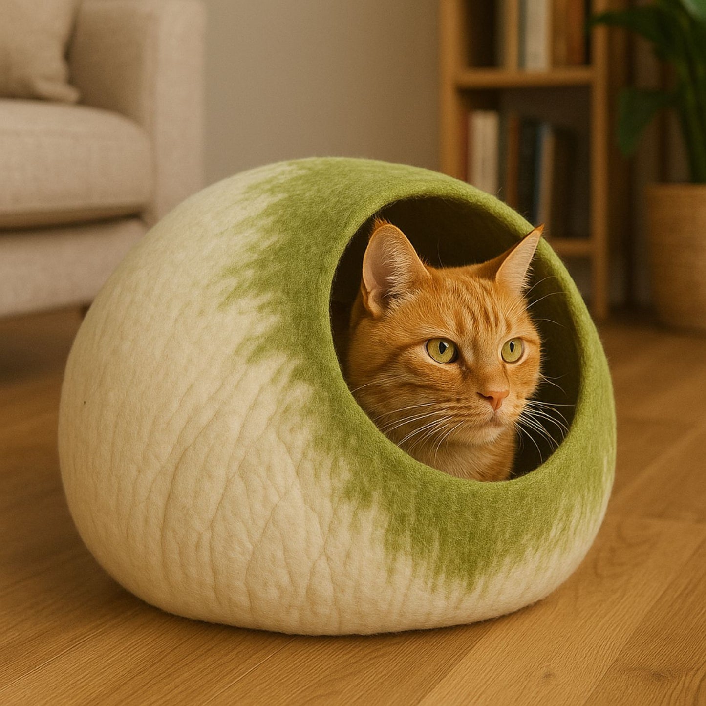 Luxury Felt Cat Cave – Handcrafted Wool Retreat – Sage Cream