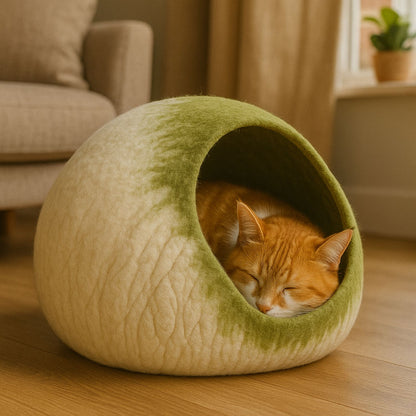 Luxury Felt Cat Cave – Handcrafted Wool Retreat – Sage Cream