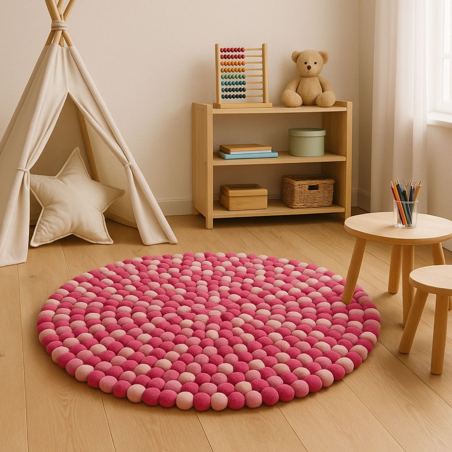 Handcrafted Felt Ball Rug – Pink & Blush Round (120cm)