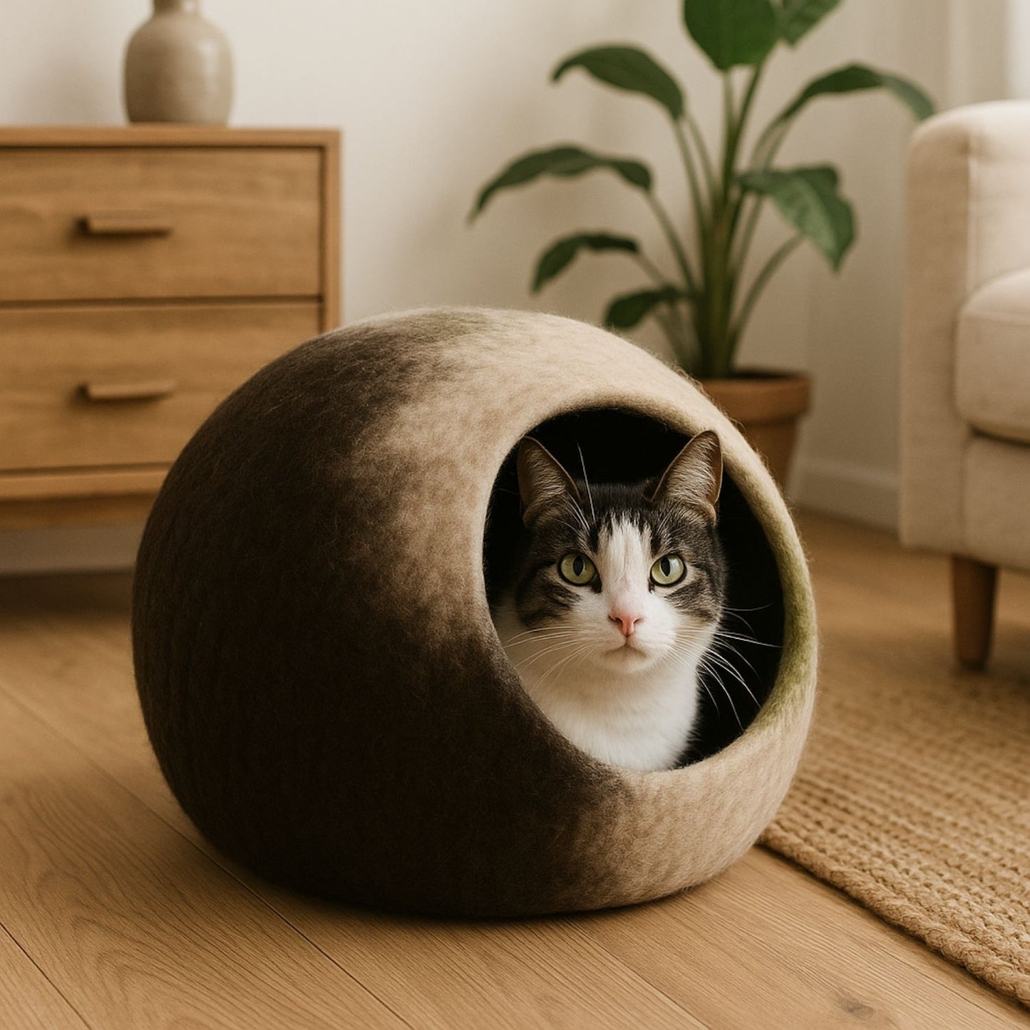 Luxury Felt Cat Cave – Handcrafted Wool Retreat – Mocha Stone