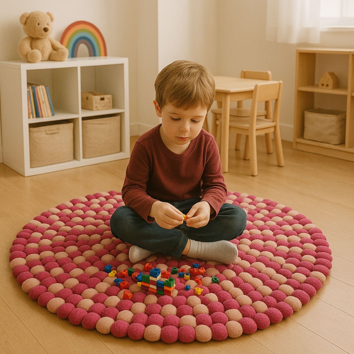 Handcrafted Felt Ball Rug – Pink & Blush Round (120cm)