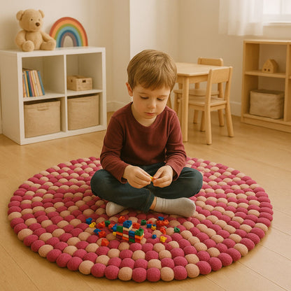 Handcrafted Felt Ball Rug – Pink & Blush Round (120cm)