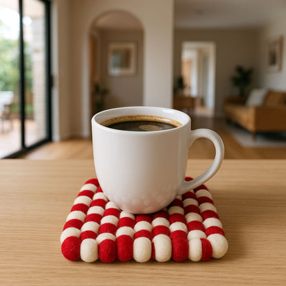 Handcrafted Felt Ball Trivet & Coaster– Red & White Checkerboard