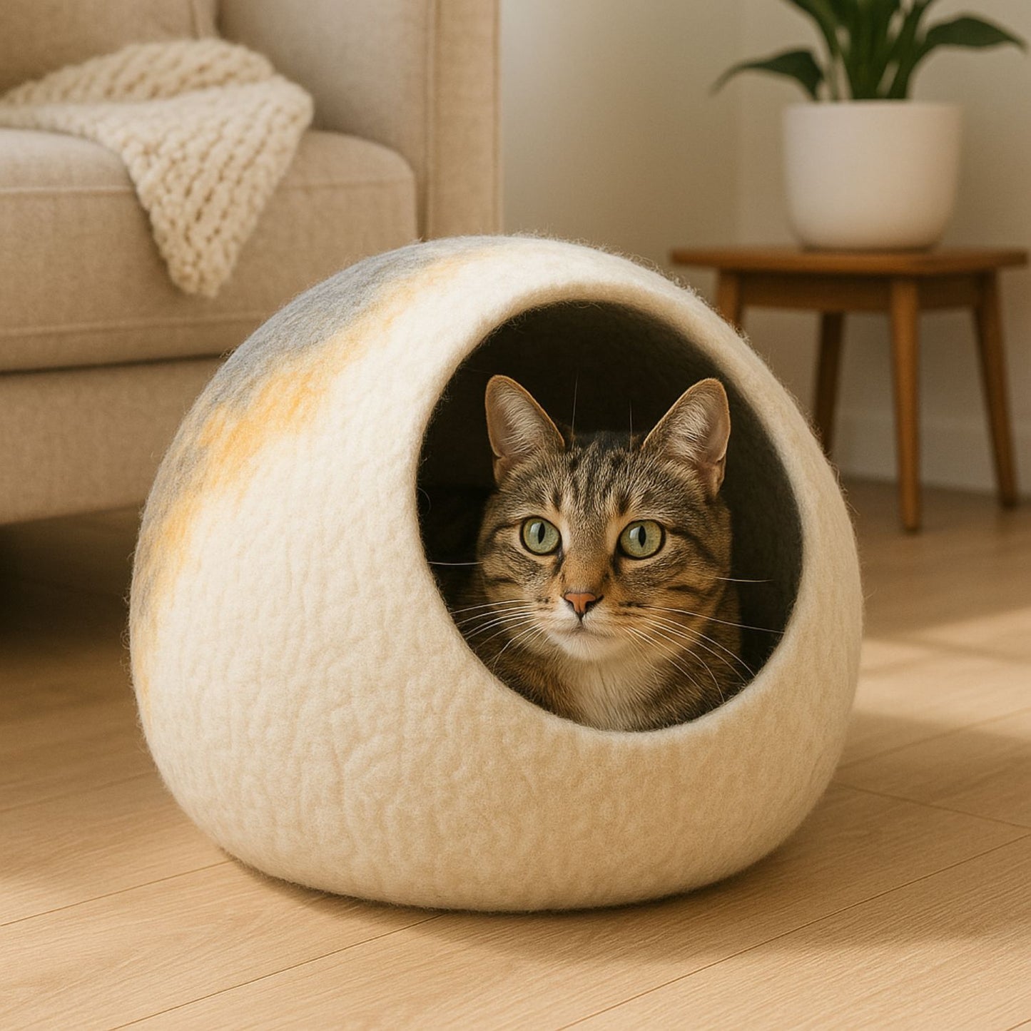 Luxury Felt Cat Cave – Handcrafted Wool Retreat – Ash Stripe