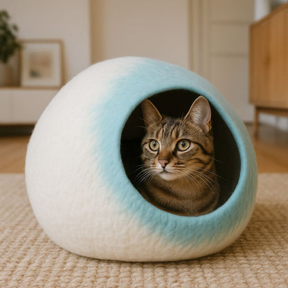 Luxury Felt Cat Cave – Handcrafted Wool Retreat – Aqua Cream