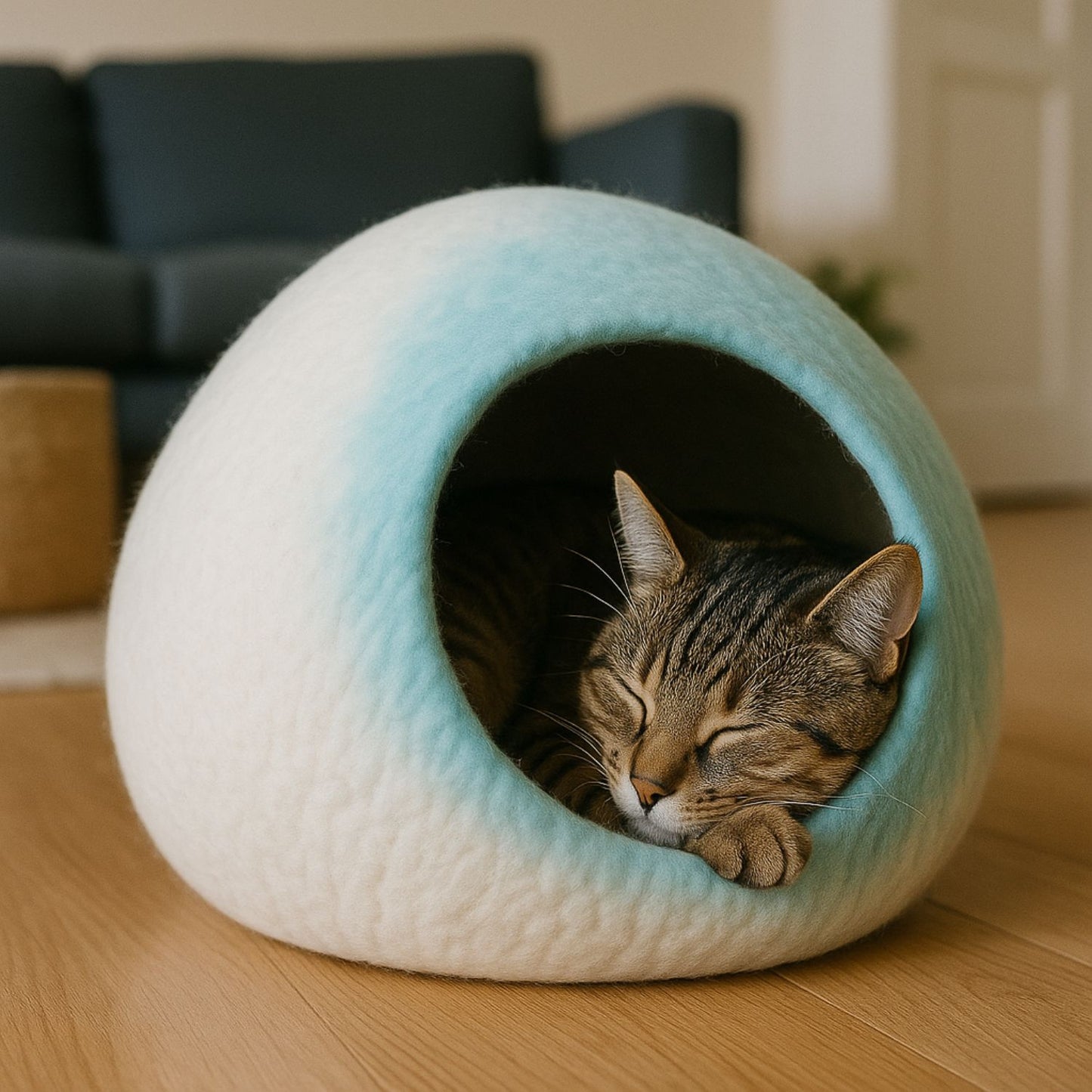 Luxury Felt Cat Cave – Handcrafted Wool Retreat – Aqua Cream