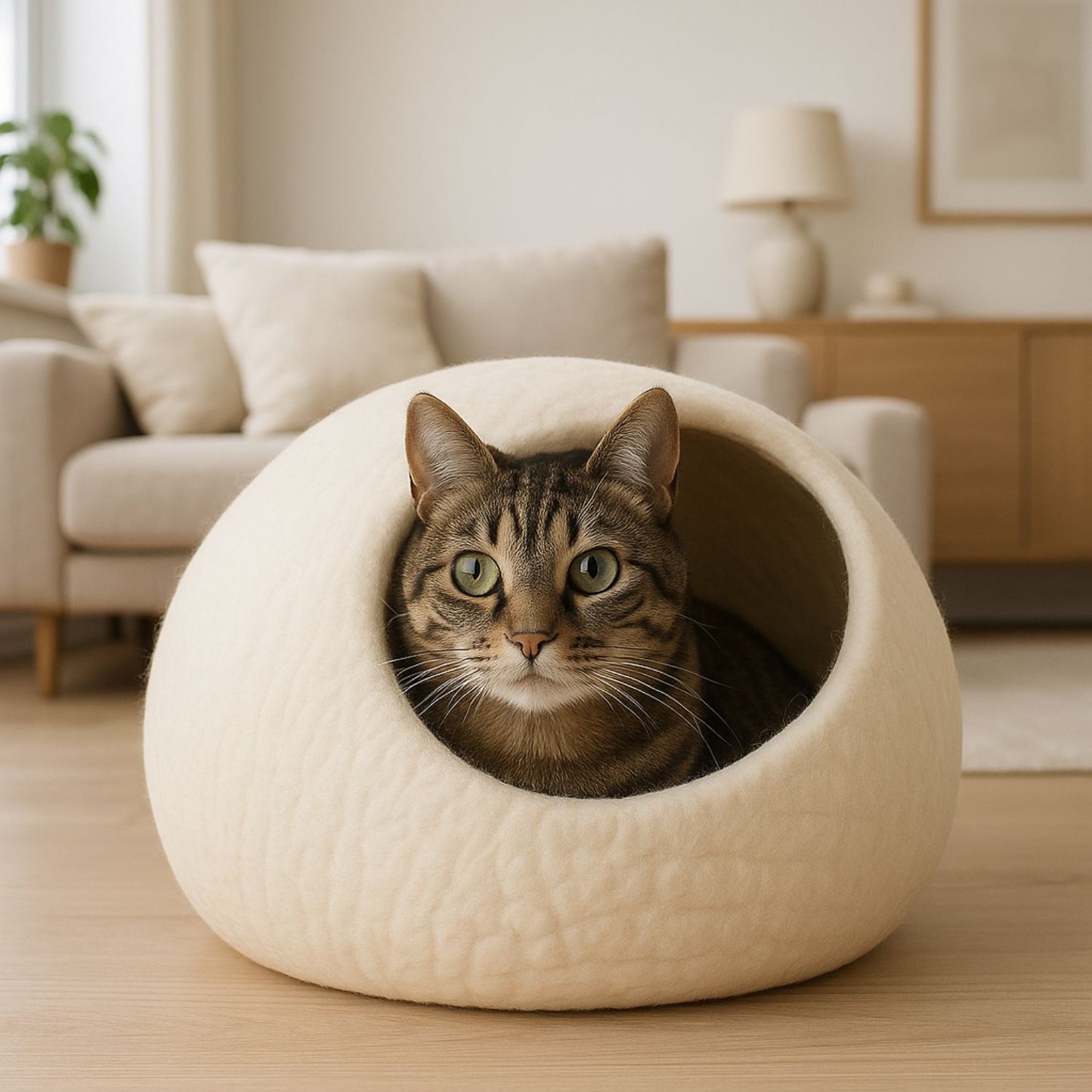 Luxury Felt Cat Cave – Handcrafted Wool Retreat – Classic Cream