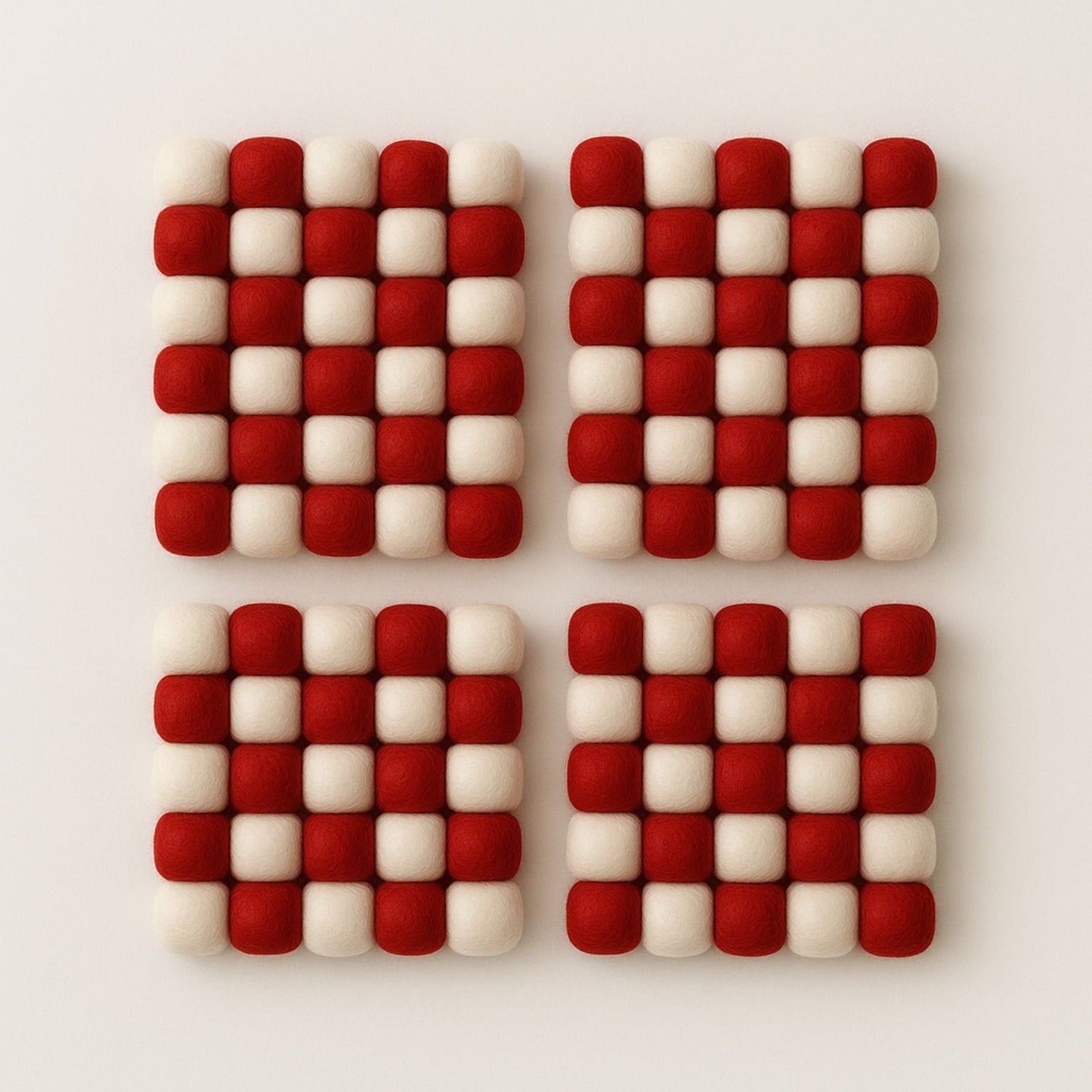 Handcrafted Felt Ball Trivet & Coaster– Red & White Checkerboard