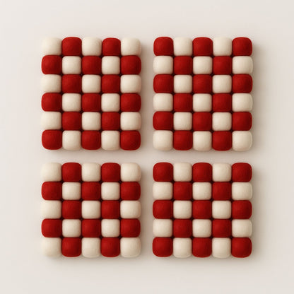 Handcrafted Felt Ball Trivet & Coaster– Red & White Checkerboard