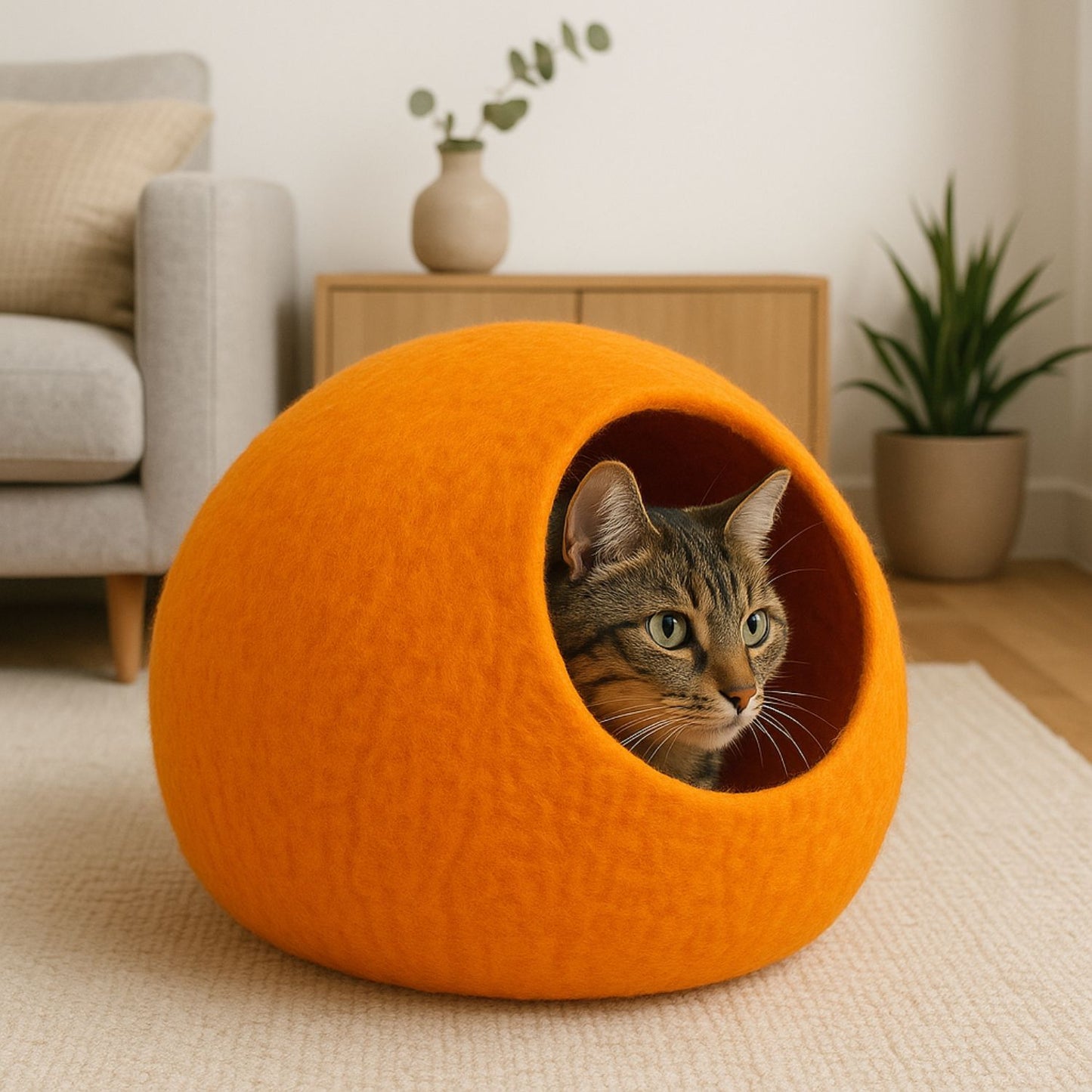 Luxury Felt Cat Cave – Handcrafted Wool Retreat – Sunset Orange