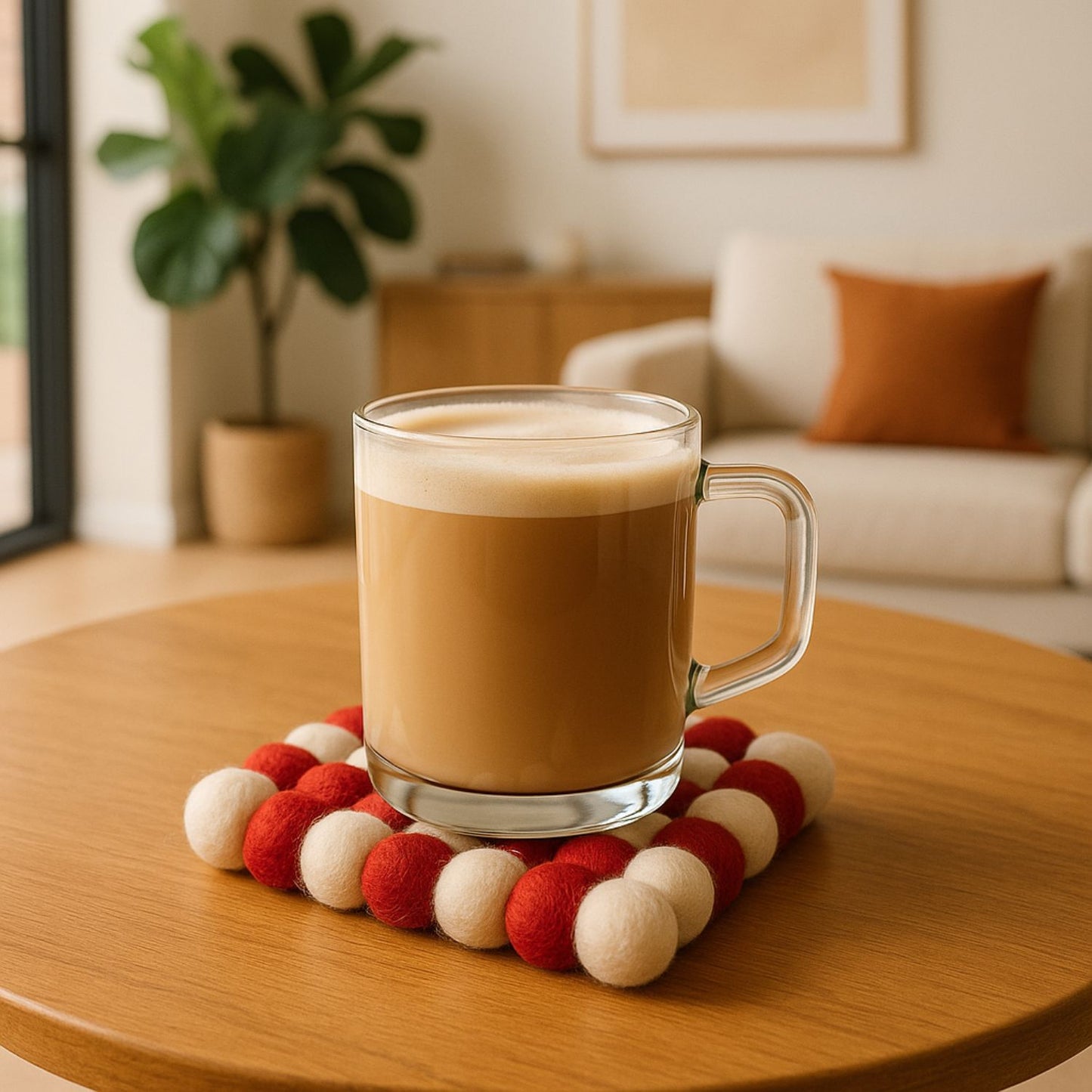 Handcrafted Felt Ball Trivet & Coaster– Red & White Checkerboard