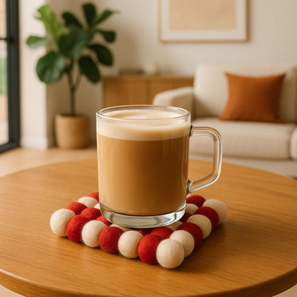 Handcrafted Felt Ball Trivet & Coaster– Red & White Checkerboard