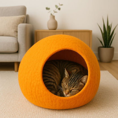 Luxury Felt Cat Cave – Handcrafted Wool Retreat – Sunset Orange