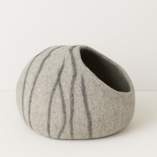 Luxury Felt Cat Cave – Handcrafted Wool – Stone Grey Stripes