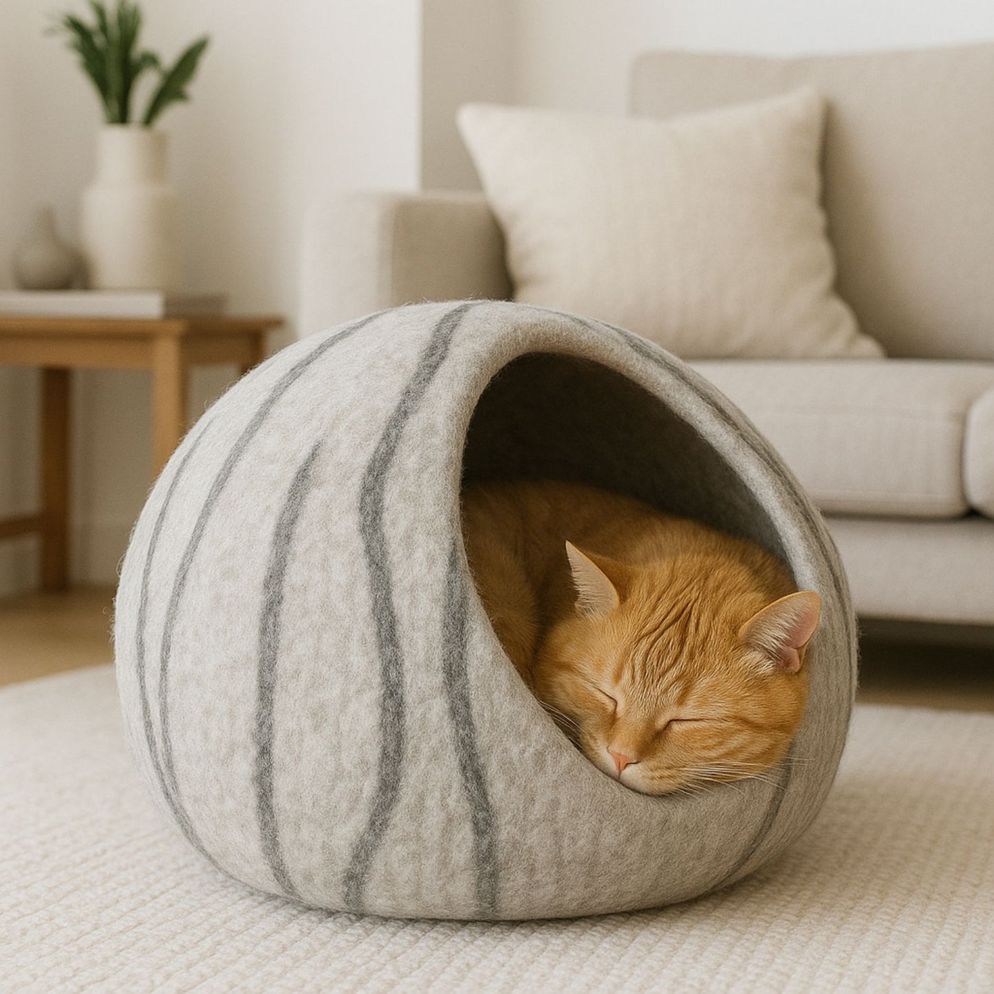 Luxury Felt Cat Cave – Handcrafted Wool – Stone Grey Stripes