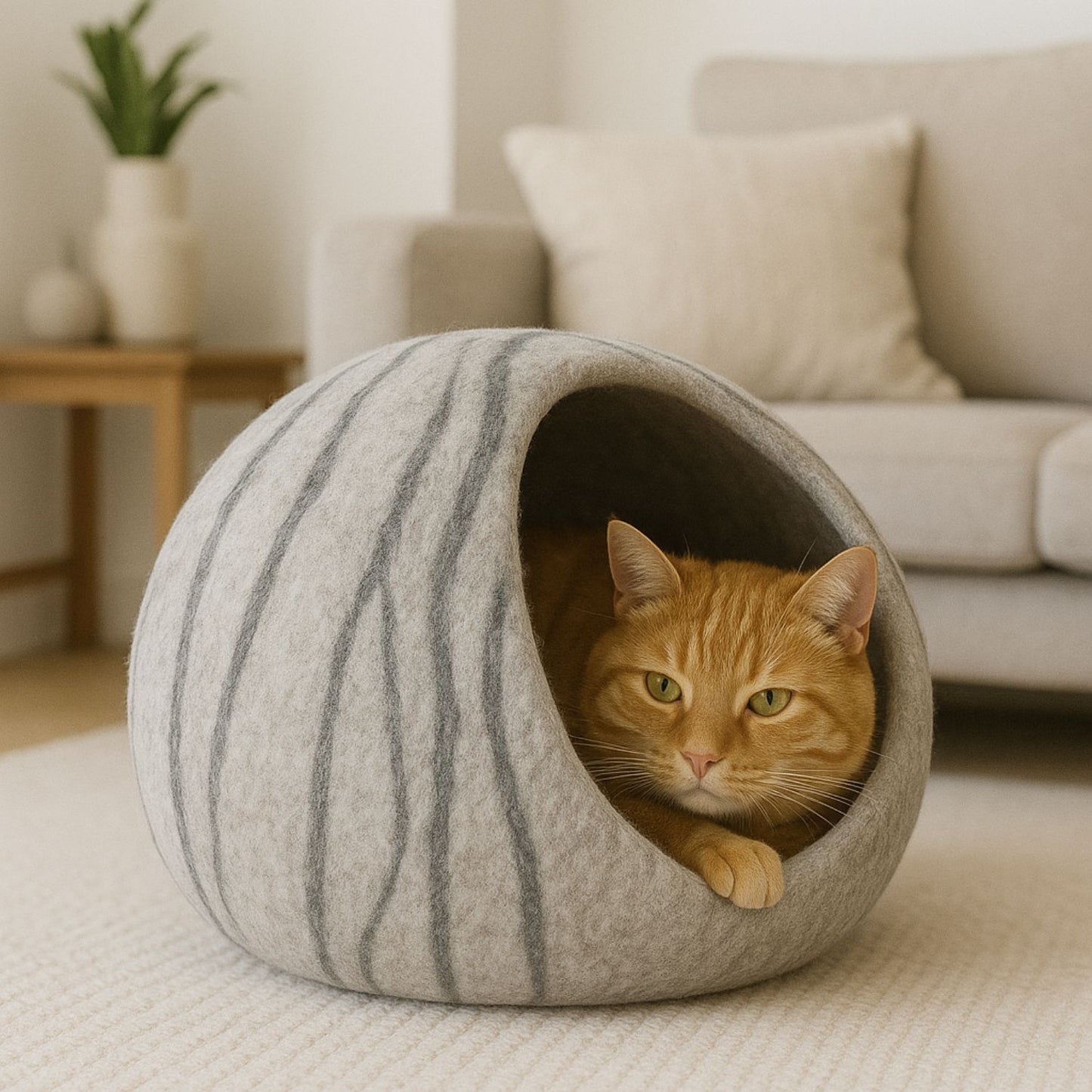 Luxury Felt Cat Cave – Handcrafted Wool – Stone Grey Stripes