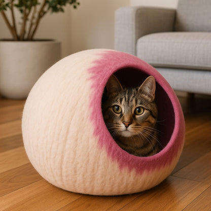 Luxury Felt Cat Cave – Handcrafted Wool Retreat – Rose Beige