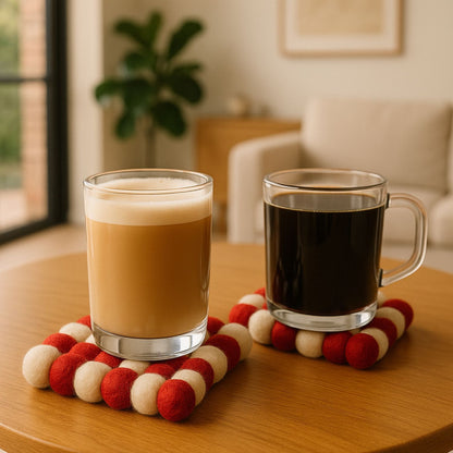 Handcrafted Felt Ball Trivet & Coaster– Red & White Checkerboard