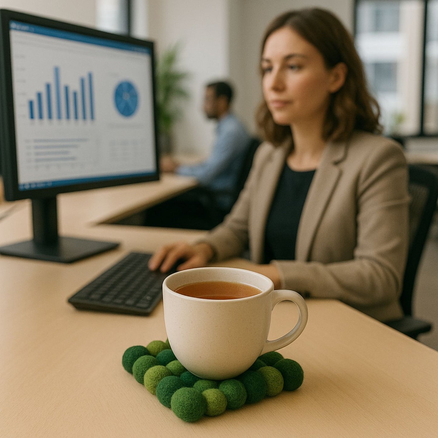 Handcrafted Felt Ball Trivet & Coaster- Green