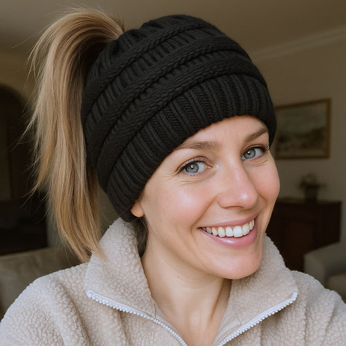 Ponytail Beanie Cap – Stretchy, Stylish & Warm (Black)