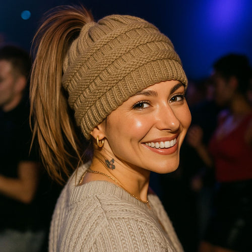 Ponytail Beanie Cap – Stretchy, Stylish & Warm (Taupe)