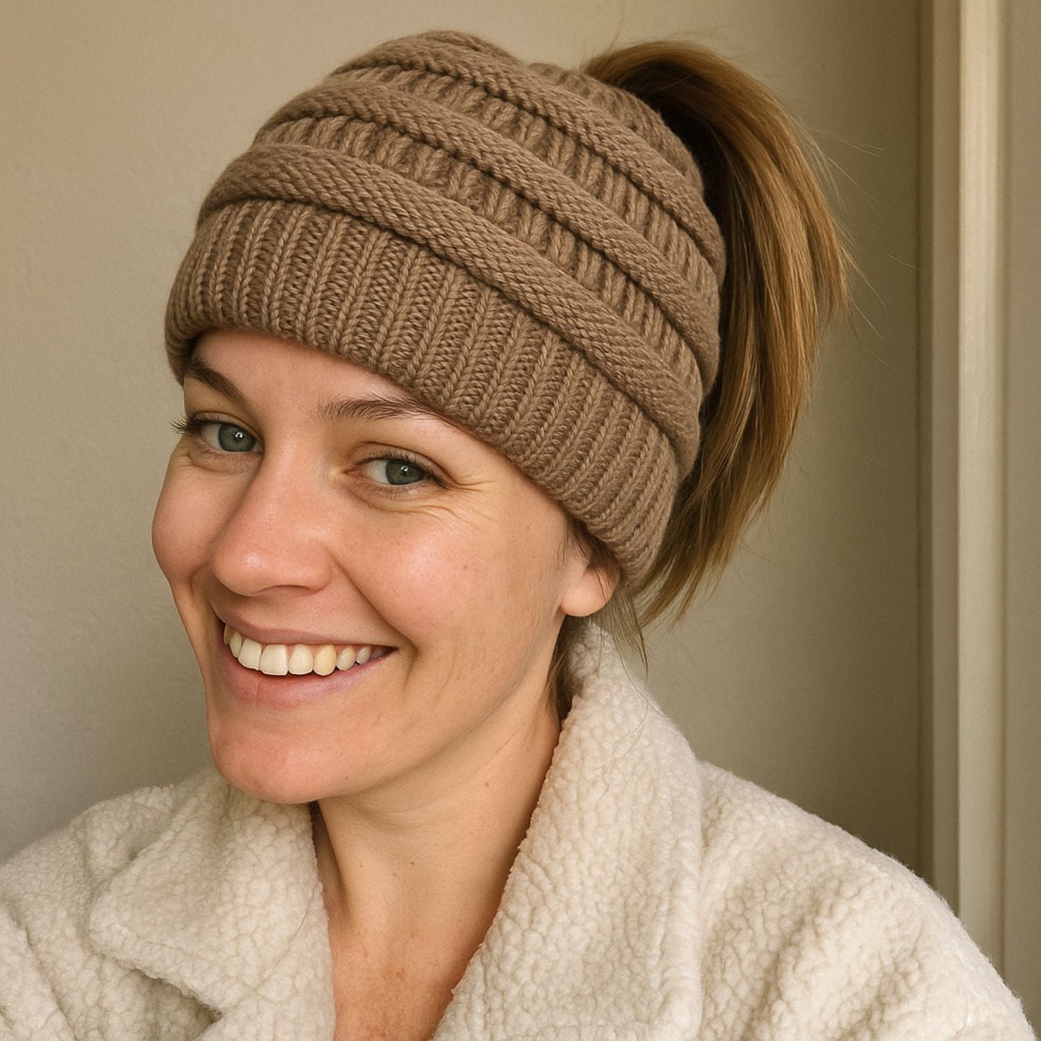 Ponytail Beanie Taupe color