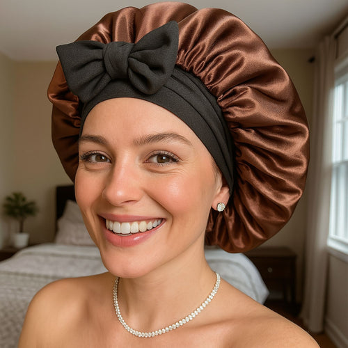 Luxury Double-Layered Bonnet – Silky Night Protection for Hair (Mocha Noir)